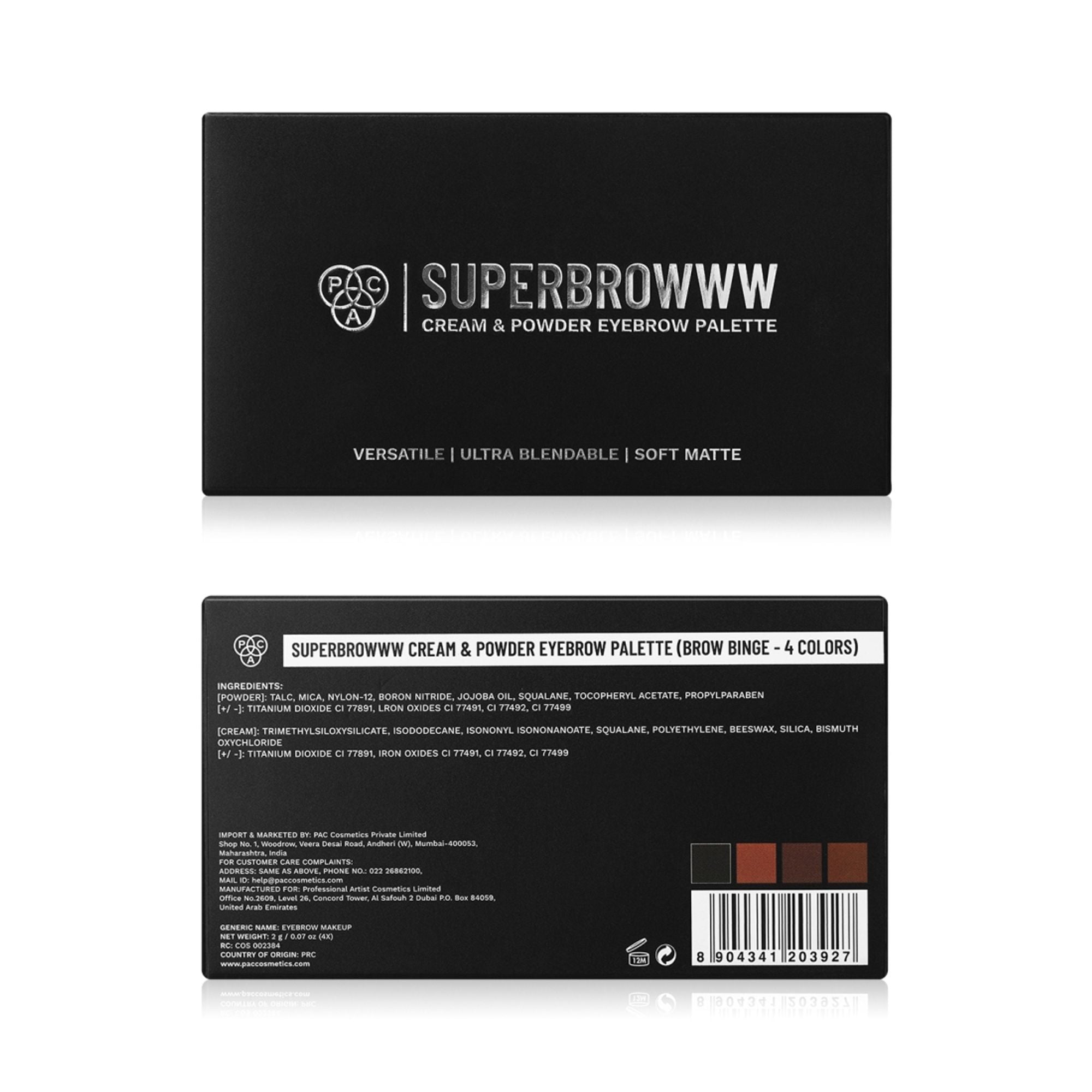 PAC Studio SuperBrowww Palette X4 02 Brow Binge - Cream & Powder Formula, Natural Shades, Seamless Blending