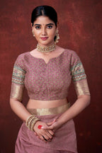 Pink Poly Habotai Silk Foil Print Saree with Unstitched Blouse - Kathari