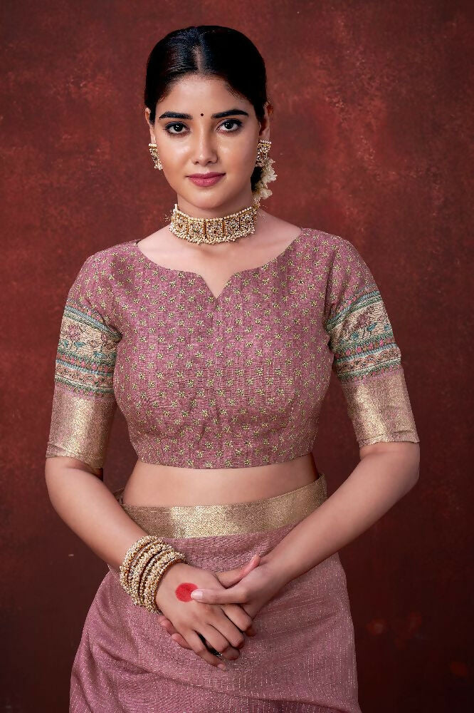 Pink Poly Habotai Silk Foil Print Saree with Unstitched Blouse - Kathari
