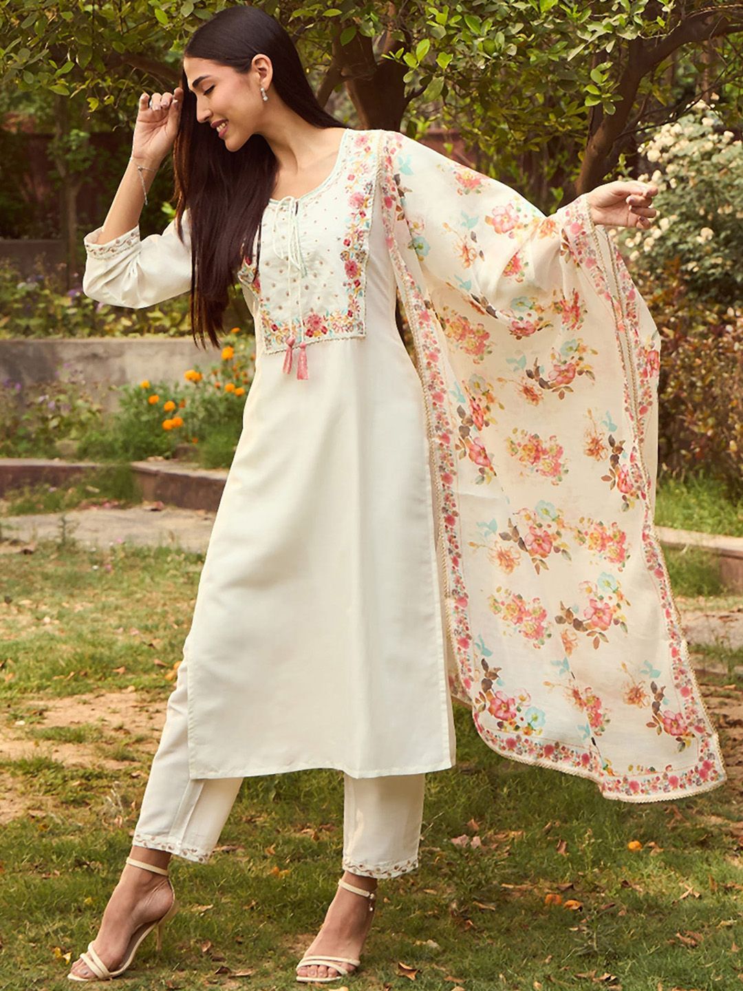 Indo Era White Floral Yoke Design Tie-Up Neck Straight Kurta With Trousers & Dupatta - Distacart