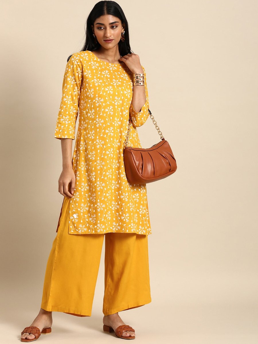 All About You Women Yellow Floral Printed Pure Cotton Kurta with Palazzos