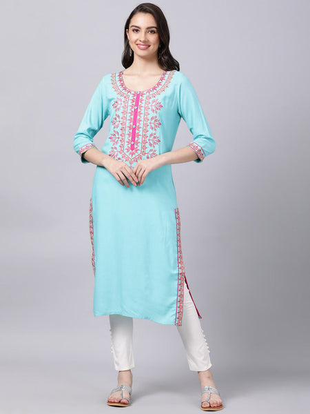 Souchii Women Blue & Pink Embroidered Round Neck Straight Kurta