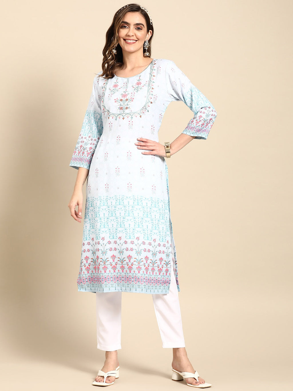 Sangria Women Turquoise Blue Floral Embroidered Kurta