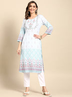 Sangria Women Turquoise Blue Floral Embroidered Kurta