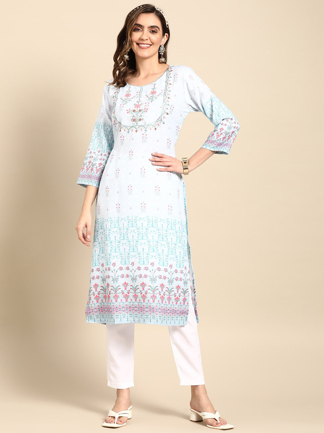 Sangria Women Turquoise Blue Floral Embroidered Kurta