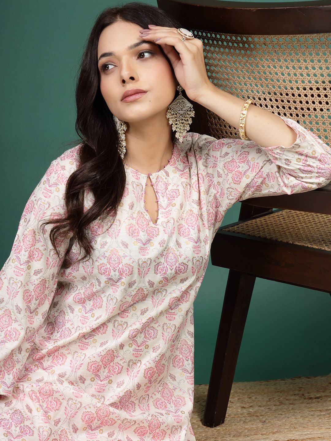 Sangria Floral Printed Cotton Notch Neck Straight Kurta