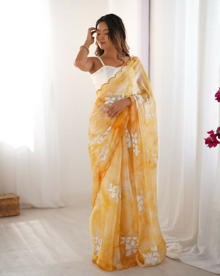 Yellow Jimmy Choo Printed, Sequence Embroidery Work Saree - Saima