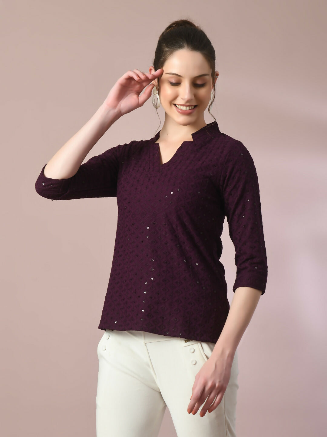 Myshka Women's Violet Embellished Cotton Regular Party Tunic