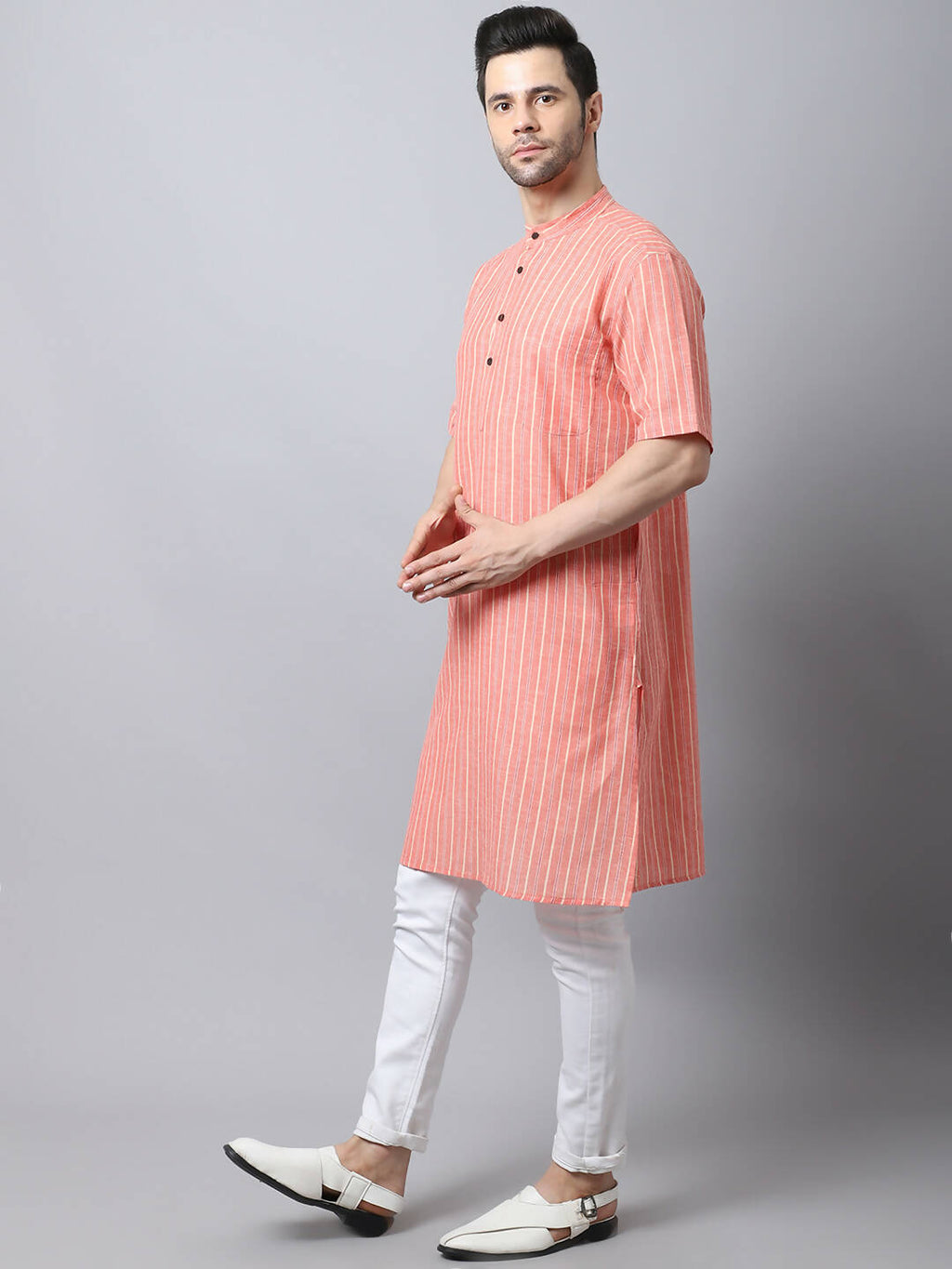 Even Apparels Beige Pure Cotton Kurta With Band Collar - Distacart