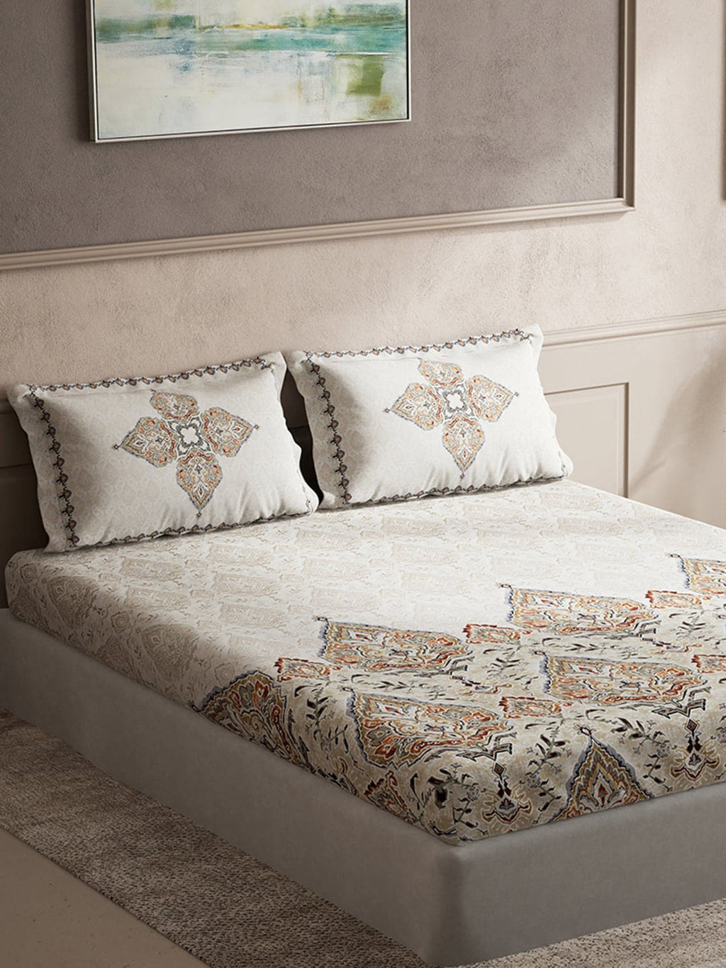 DDecor Orange & Red Ethnic Motifs Cotton 140 TC King Bedsheet With 2 Pillow Covers