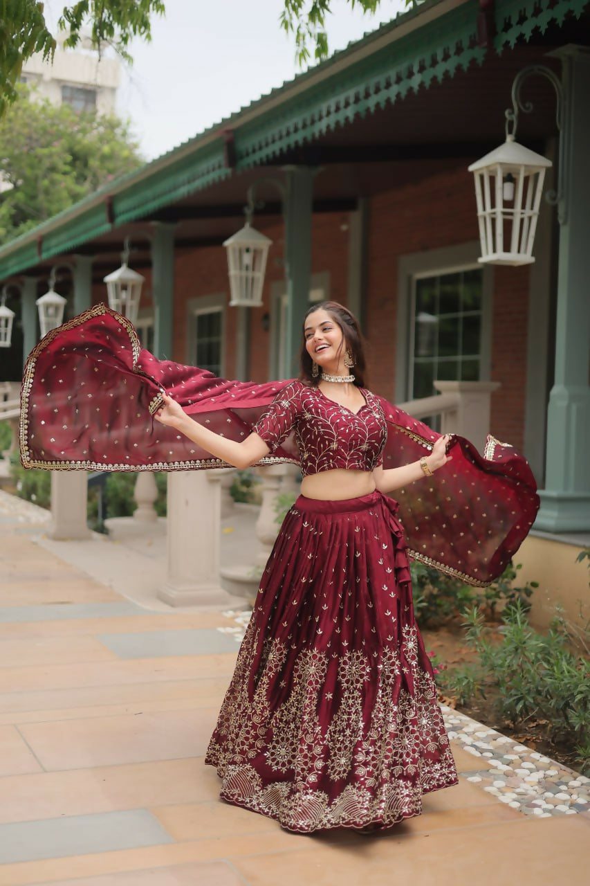 Vastranavya Designer Heavy Sequins & Thread Embroidered work Lehenga Choli - Maroon