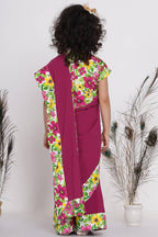 Little Bansi Girls Floral Print Ready to Wear Saree and Floral Blouse - Magenta