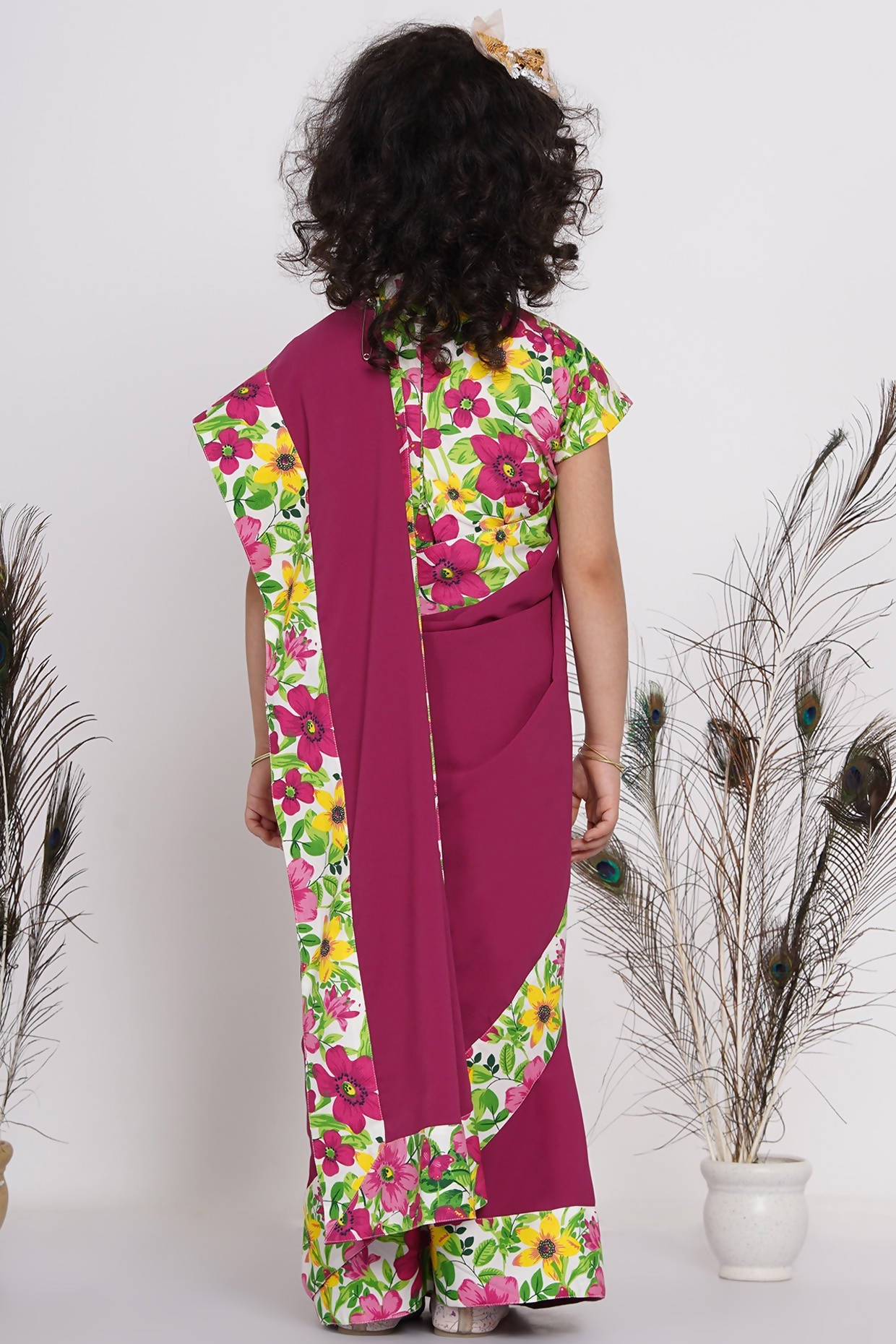 Little Bansi Girls Floral Print Ready to Wear Saree and Floral Blouse - Magenta