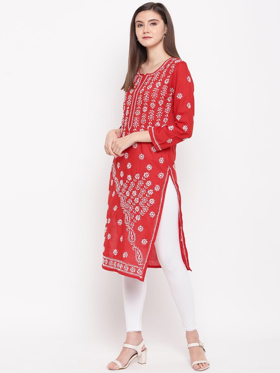 ADA Women Red & White Chikankari Hand Embroidered Straight Sustainable Kurta