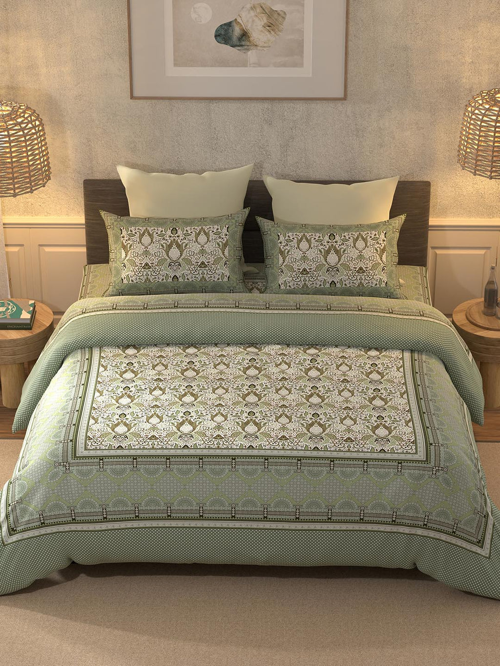 BELLA CASA Teal & Off White Printed 350 TC King Pure Cotton 2 Pillow Covers Bedsheet