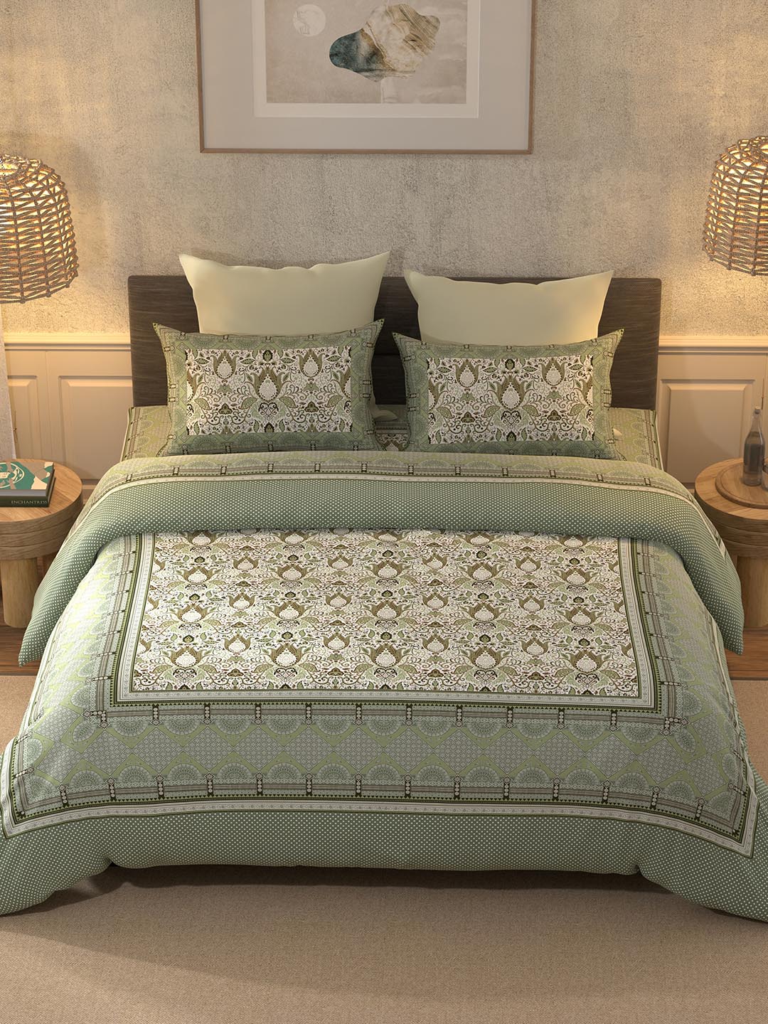 BELLA CASA Teal & Off White Printed 350 TC King Pure Cotton 2 Pillow Covers Bedsheet
