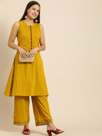 All About You Women Mustard Yellow Self Design Pure Cotton A-Line Kurta with Palazzos