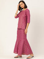HERE&NOW Women Pink And Black Ethnic Printed Pure Cotton Kurti With Palazzo And Dupatta
