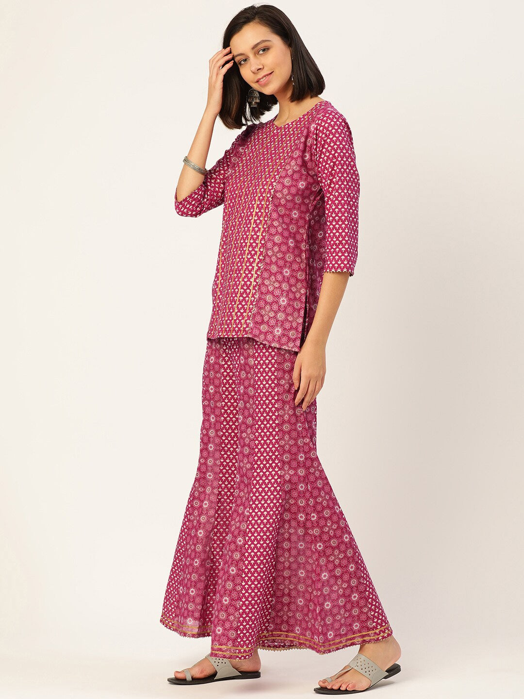 HERE&NOW Women Pink And Black Ethnic Printed Pure Cotton Kurti With Palazzo And Dupatta
