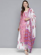 HERE&NOW Women Floral Printed Regular Pure Cotton Kurta with Palazzos & With Dupatta