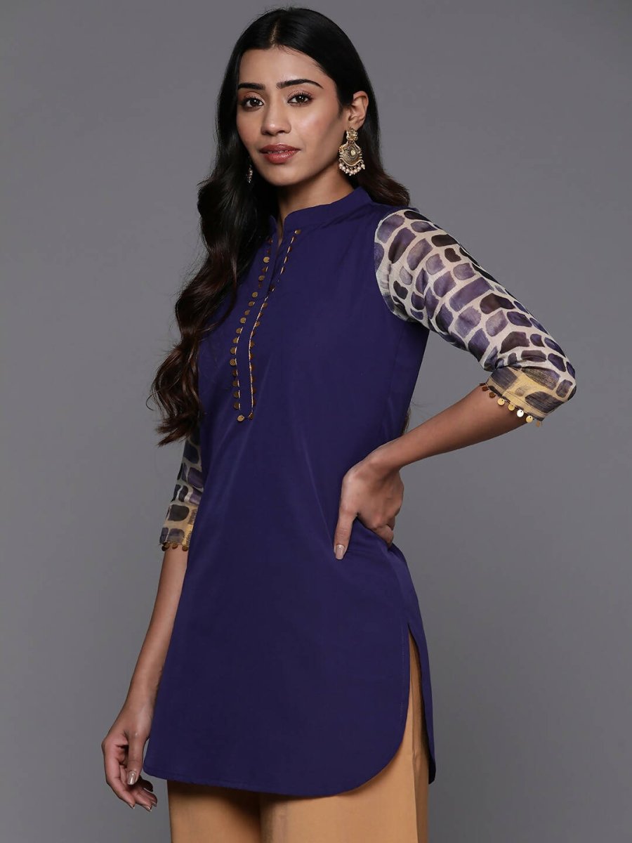 Ahalyaa Blue & Gold-Toned Mandarin Collar Printed Tunic - Blue Color