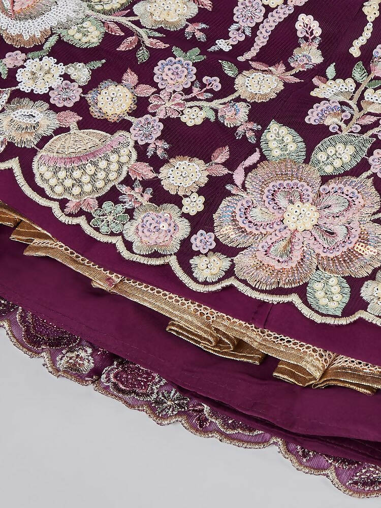 House of Panchhi Burgundy Net Sequins And Thread Embroidery Lehenga Choli & Dupatta