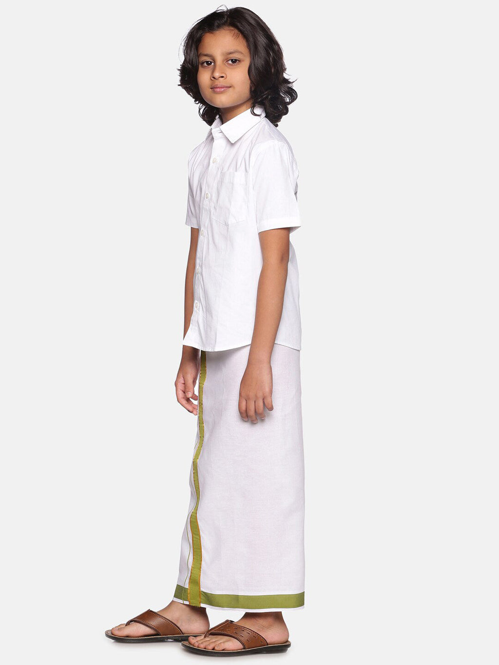 Sethukrishna Boys White & Green Cotton Shirt With Readymade Dhoti