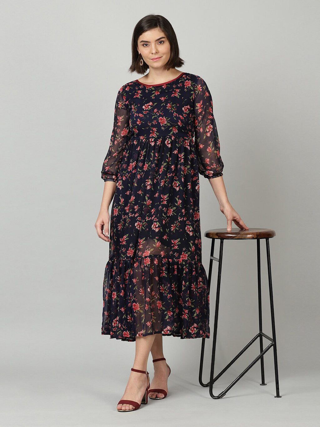 Souchii Women Navy Blue & Red Floral Chiffon A-Line Tiered Dress - Distacart