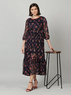 Souchii Women Navy Blue & Red Floral Chiffon A-Line Tiered Dress - Distacart