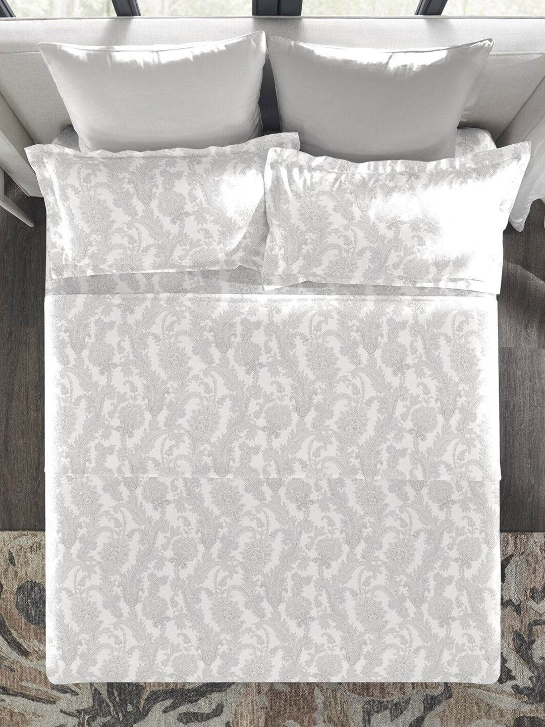 MYTRIDENT Nectarsoft Grey White Pure Cotton 400 TC King Bedsheet with 4 Pillow Covers