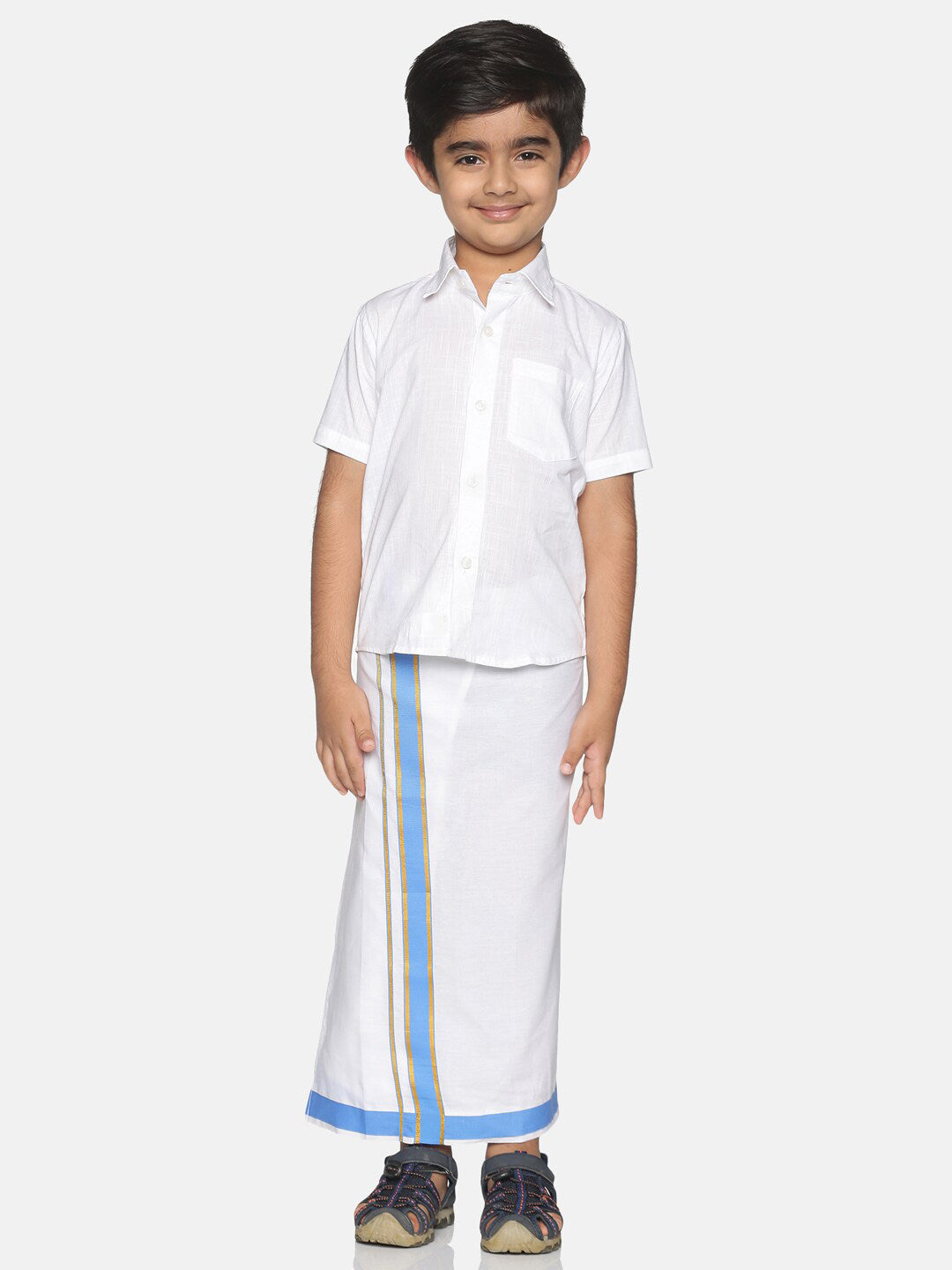 Sethukrishna White Pure Cotton Solid Shirt and Veshti Set