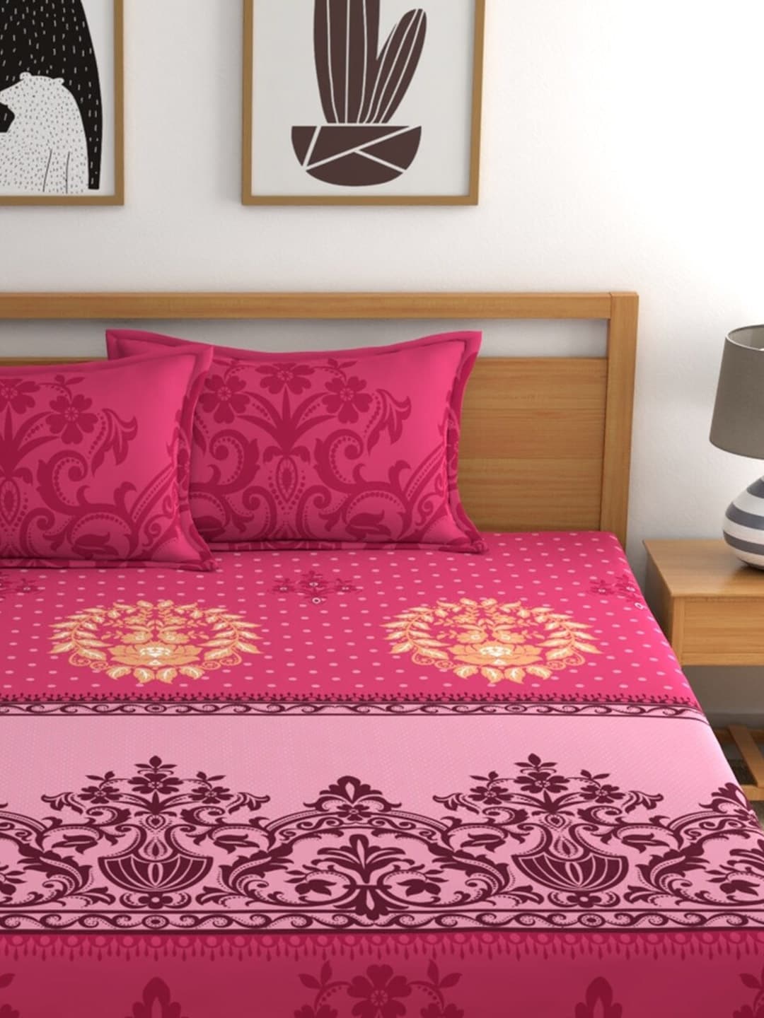 Dreamscape Pink & Beige Ethnic Motifs 144 TC Bedsheet with Pillow Covers