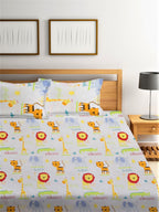 Home Sizzler White & Orange Cartoon Characters 210 TC Bedsheet with Pillow Covers - Distacart