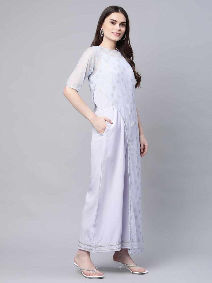 Ahalyaa Womens Blue Crepe & Net Silver Glitter Print Jumpsuit - Distacart