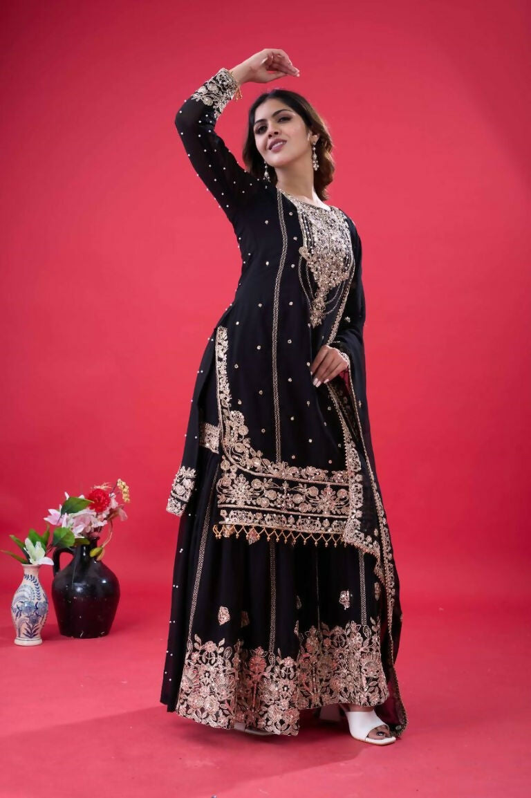 Teeya Creation Black Color Faux georgette Embroidery Work Sharara Set - Distacart