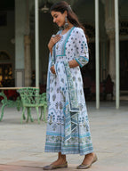 Juniper Women's Skyblue Cambric Floral Placement Kurta Dupatta Sets - Distacart