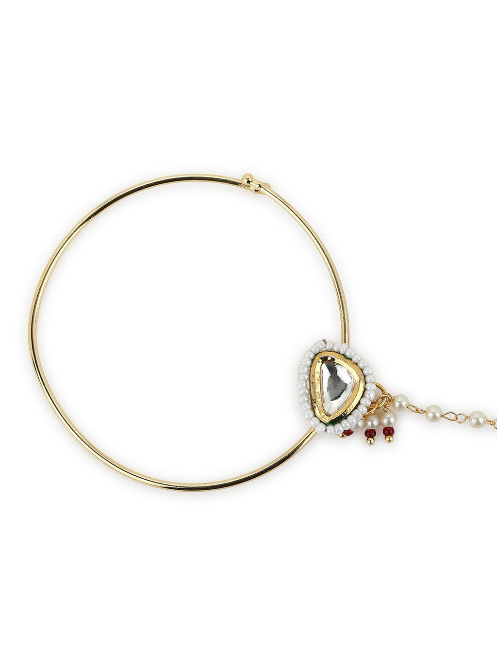 Gold Plated White Kundan Studded Nose Pin With Beaded Extension - Ruby Raang - Distacart