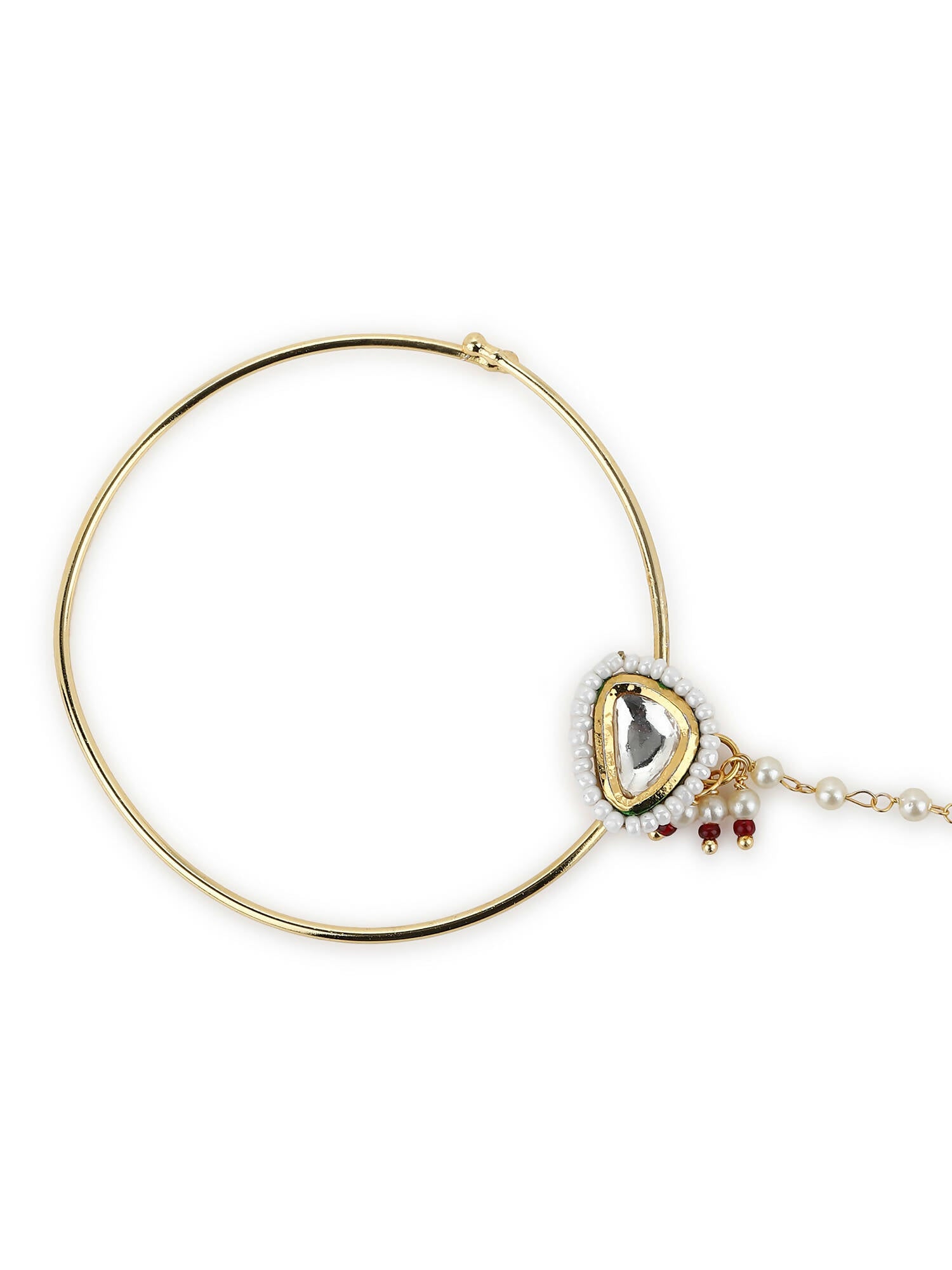 Gold Plated White Kundan Studded Nose Pin With Beaded Extension - Ruby Raang - Distacart