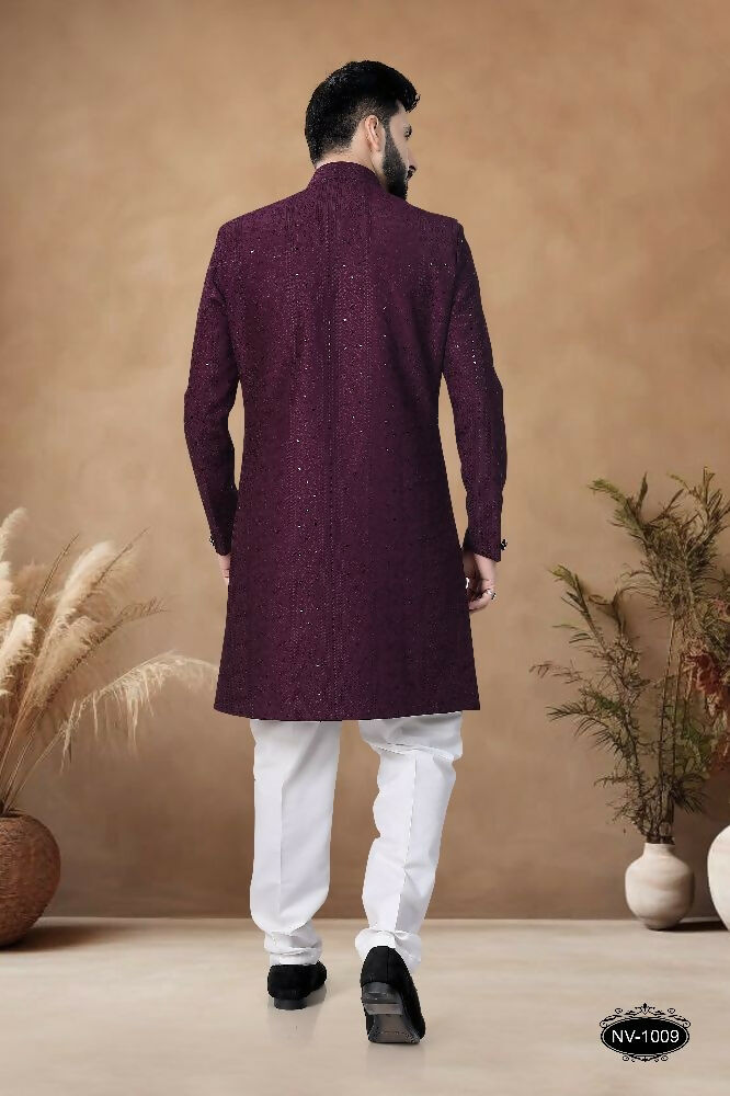 Joban Fashion Men's Wine Straight Silk Thread & Sequence Embroidery All Over Indo-Western Kurta Set