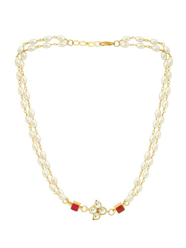 White and Red Beaded Gold Plated Flower Kundan Necklace - Ruby Raang