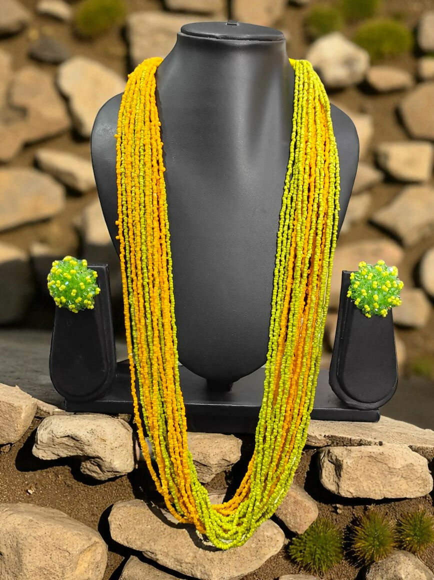 Inhanns Rangsaaz 20-Layer Luxe Long Beaded Necklace (With Optional Statement Earrings) - Dual Tone With Earring
