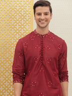 House of Pataudi Men Red Embroidered Jashn Straight Kurta