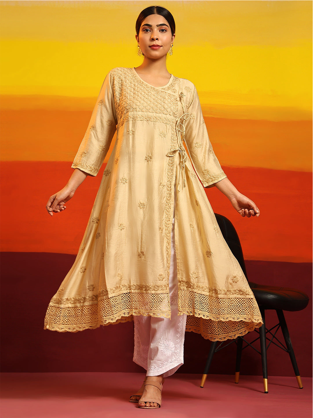 HOUSE OF KARI Embroidered Chikankari Chanderi Silk Anarkali Kurta