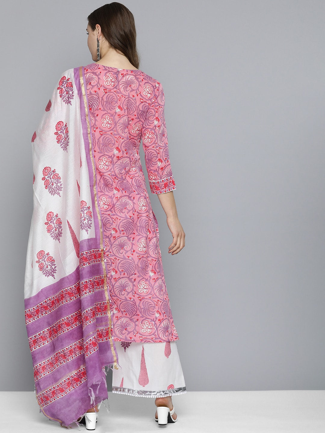 HERE&NOW Women Floral Printed Regular Pure Cotton Kurta with Palazzos & With Dupatta