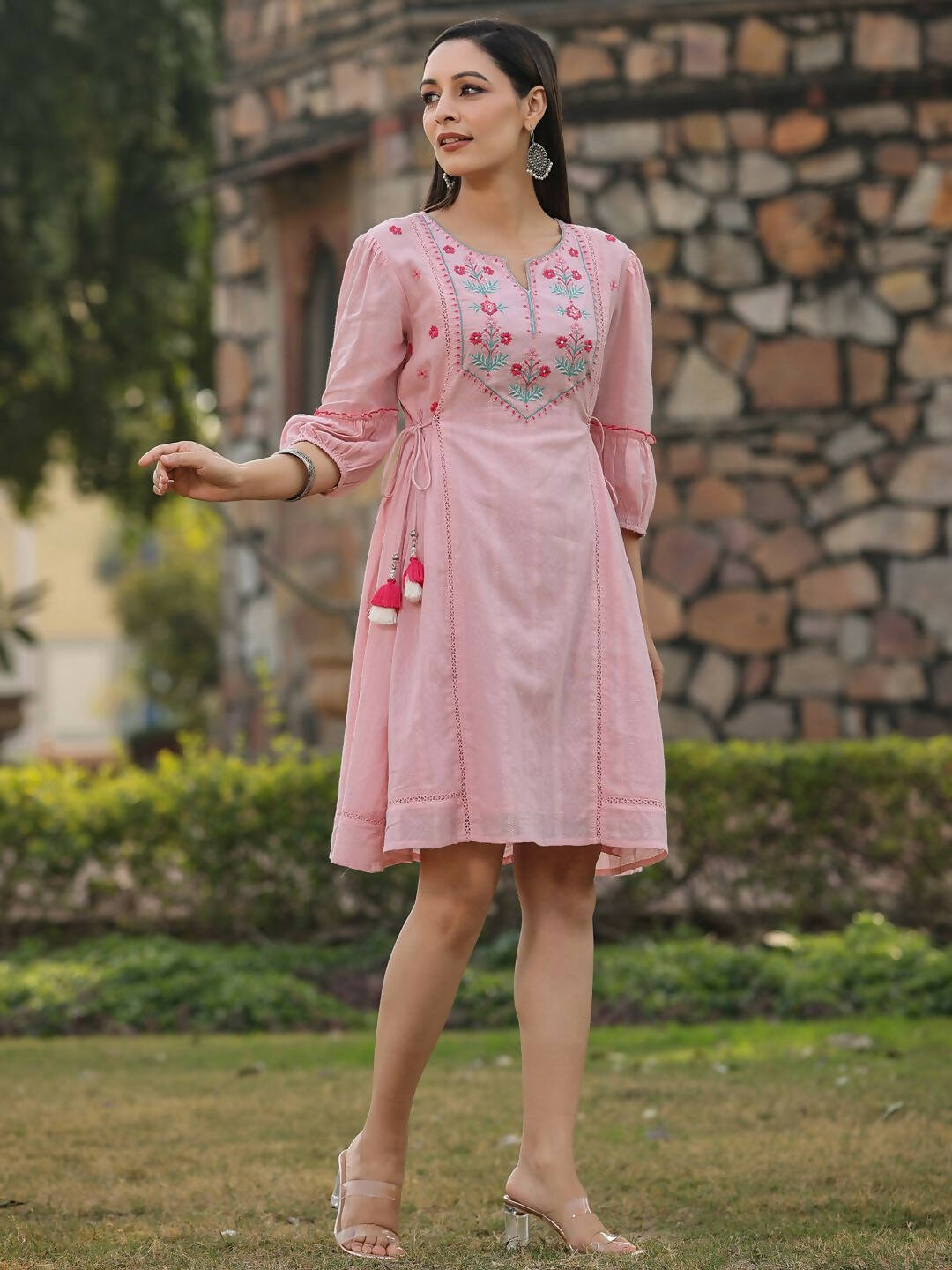 Juniper Women's Pink Cotton Dobby Embroidered Flared Dress - Distacart