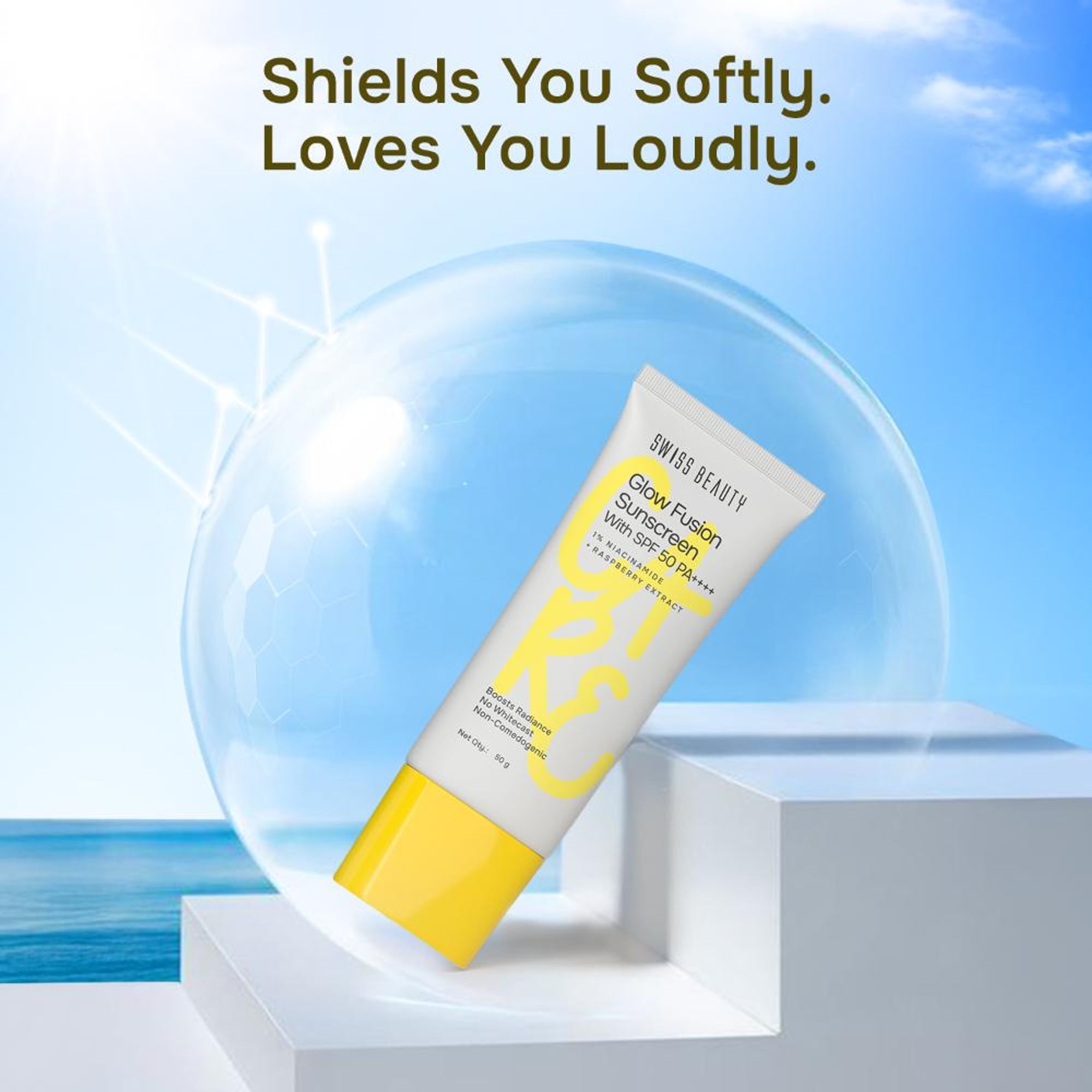 Swiss Beauty Care Glow Fusion Sunscreen SPF 50 PA++++ - 1% Niacinamide & Raspberry Extract - Distacart
