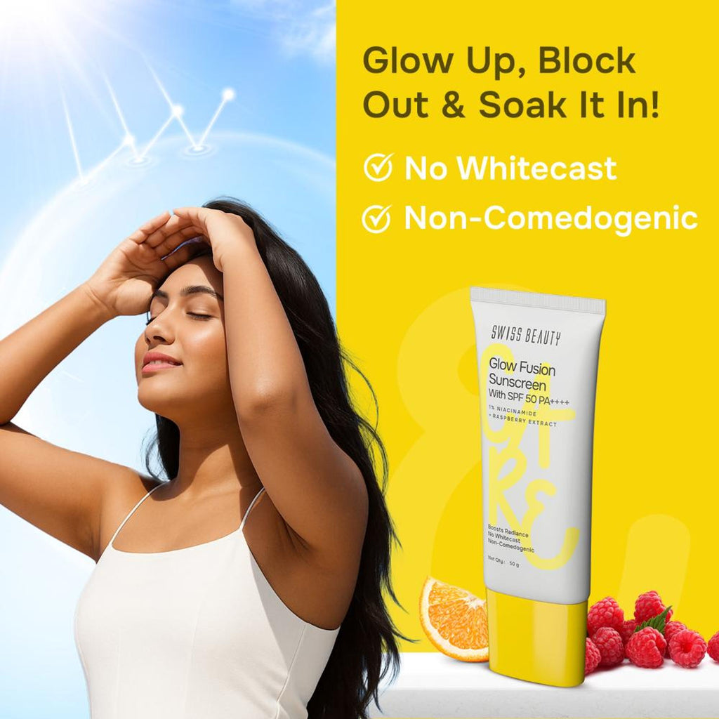 Swiss Beauty Care Glow Fusion Sunscreen SPF 50 PA++++ - 1% Niacinamide & Raspberry Extract - Distacart