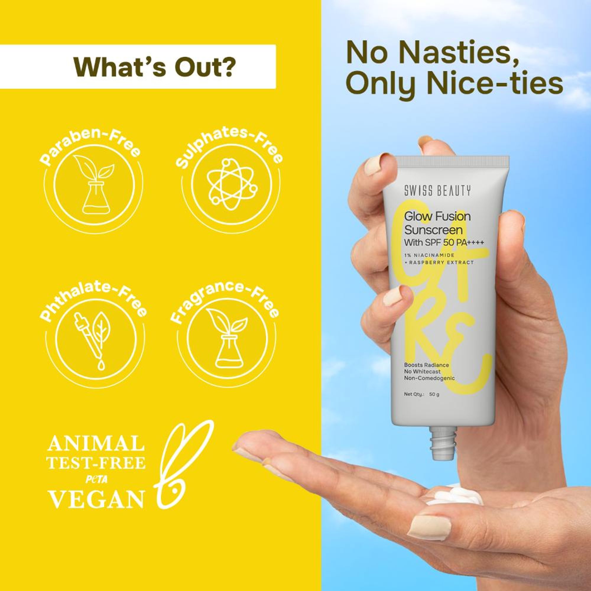 Swiss Beauty Care Glow Fusion Sunscreen SPF 50 PA++++ - 1% Niacinamide & Raspberry Extract - Distacart