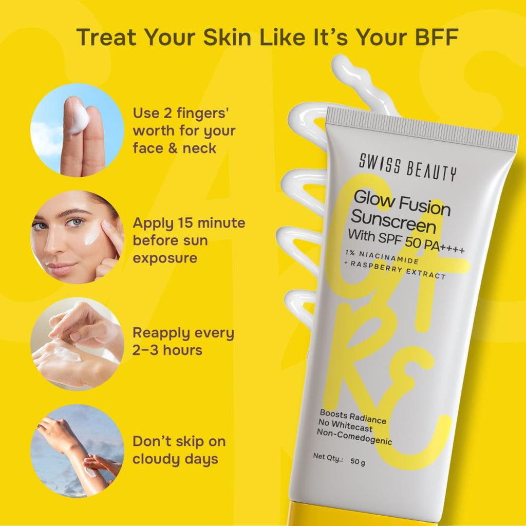 Swiss Beauty Care Glow Fusion Sunscreen SPF 50 PA++++ - 1% Niacinamide & Raspberry Extract - Distacart