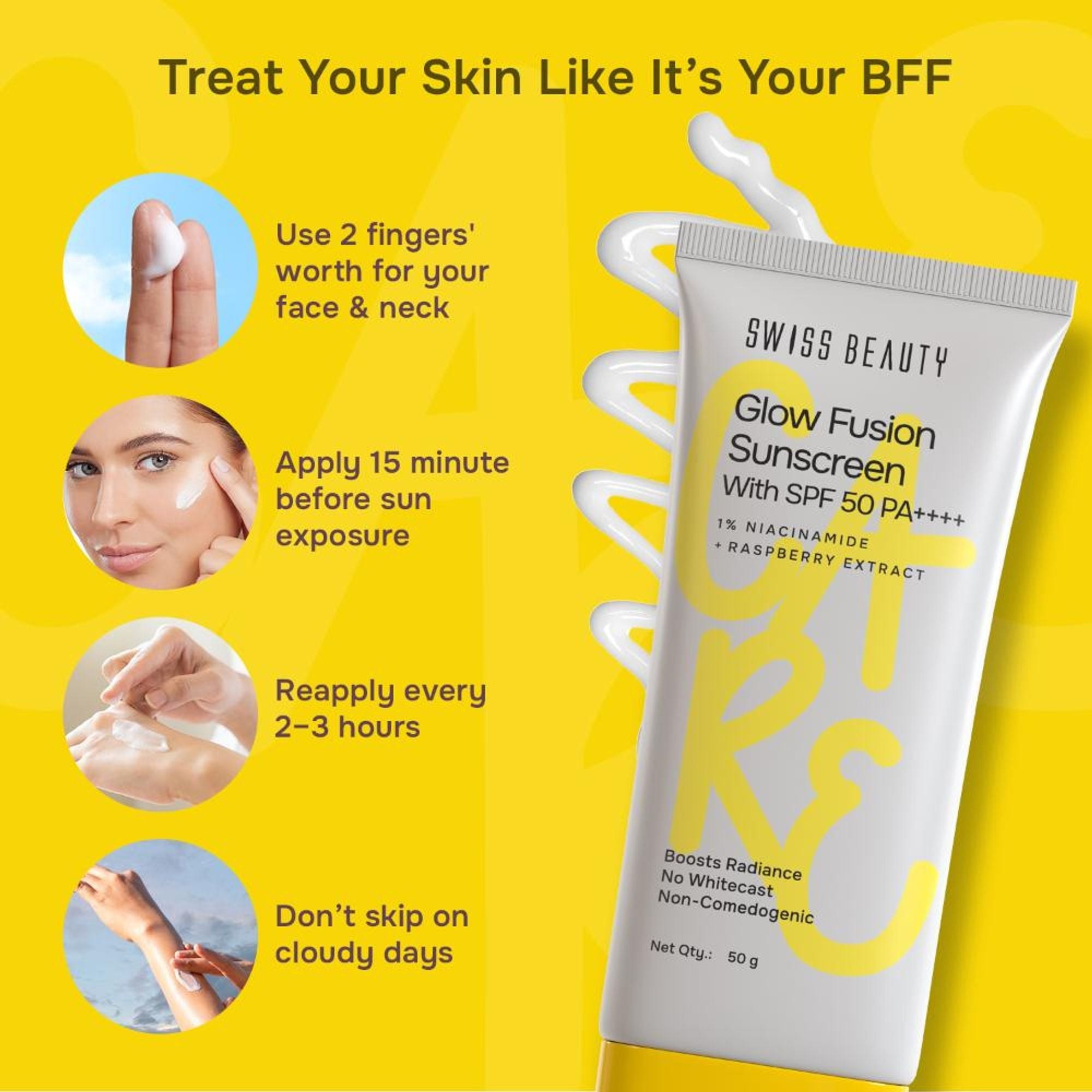 Swiss Beauty Care Glow Fusion Sunscreen SPF 50 PA++++ - 1% Niacinamide & Raspberry Extract - Distacart